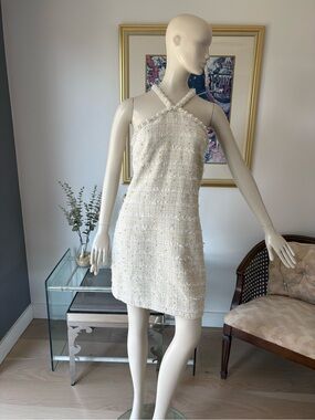 Adelyn Rae Cream Cross-Neck Tweed Mini Dress